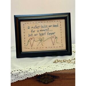 Primitive Hand Stitched Art "A Mother Holds Our Hand"Vintage Homemade Hearts